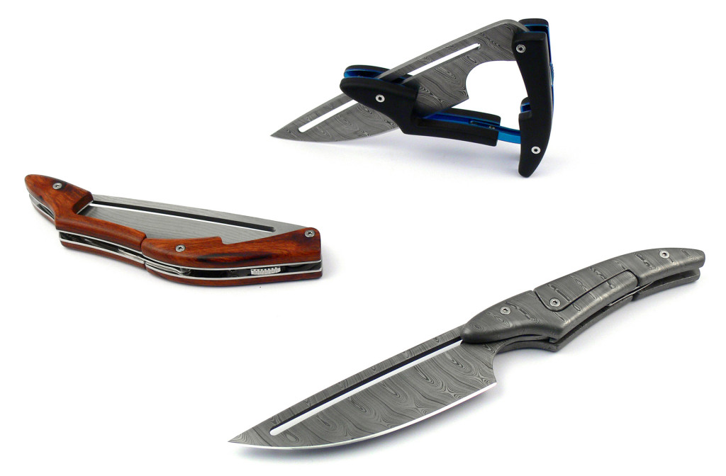 Folding knives <em>Shapeshifter</em>. Powder-metallurgical Damascus steel, stainless CrNi steel, titanium, Desert Ironwood, African Blackwood. L 19 cm, opened. 
