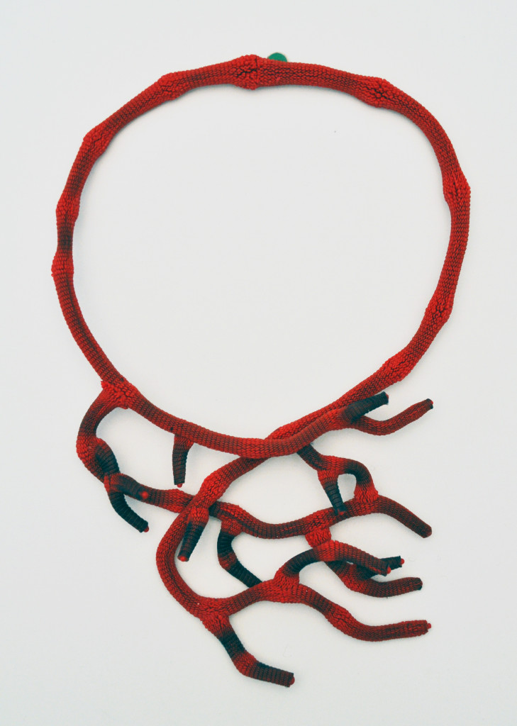 Coral necklace, polymer woven fabrics.