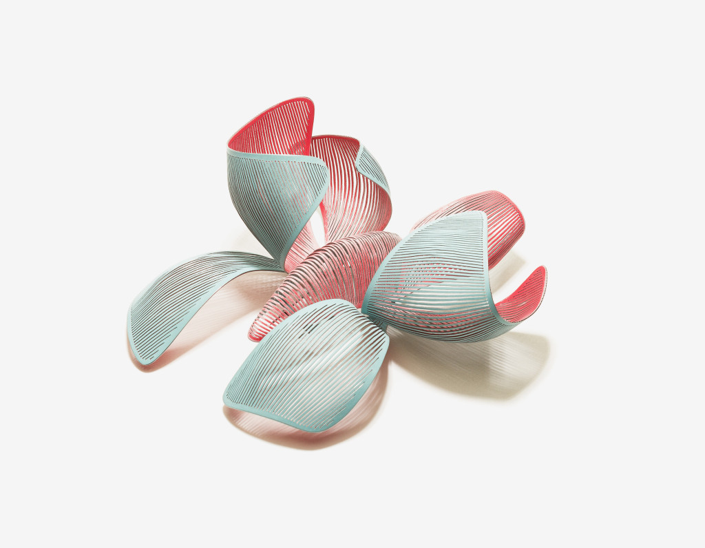 Mirjam Hiller, Brooch <em>Falter, erdbeerrot-türkis</em>, 2013, powder-coated stainless steel. 15 × 13 × 5 cm. Photo Mirjam Hiller.