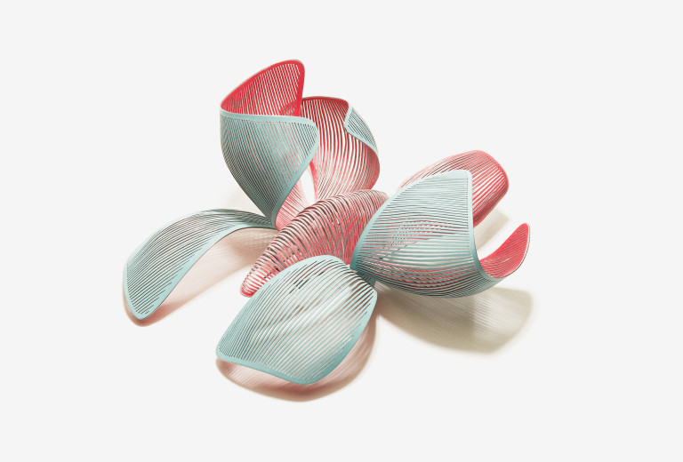 Mirjam Hiller, Brooch <em>Falter, erdbeerrot-türkis</em>, 2013, powder-coated stainless steel. 15&nbsp;&times;&nbsp;13&nbsp;&times;&nbsp;5&nbsp;cm. Photo Mirjam Hiller.