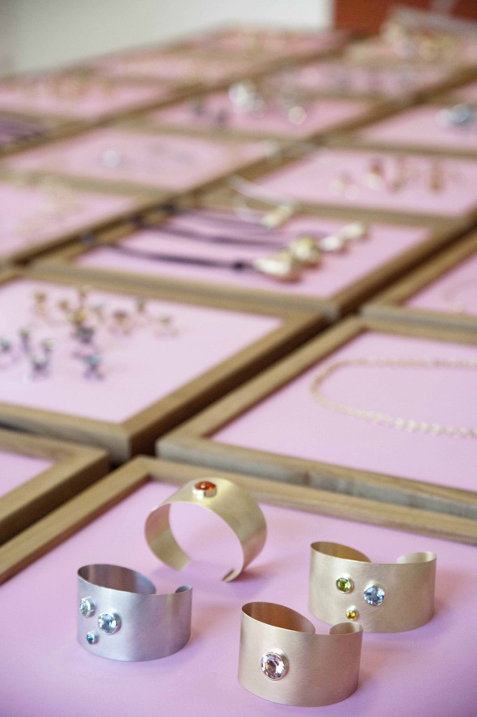 Bangles of gold and platinum with colored gemstones