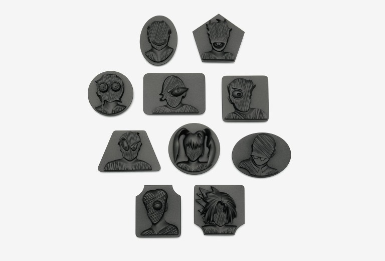 Alexander Blank, object group <em>Jimmy</em>. 10 Brooches, hard foam, graphite, silver, lacquer.