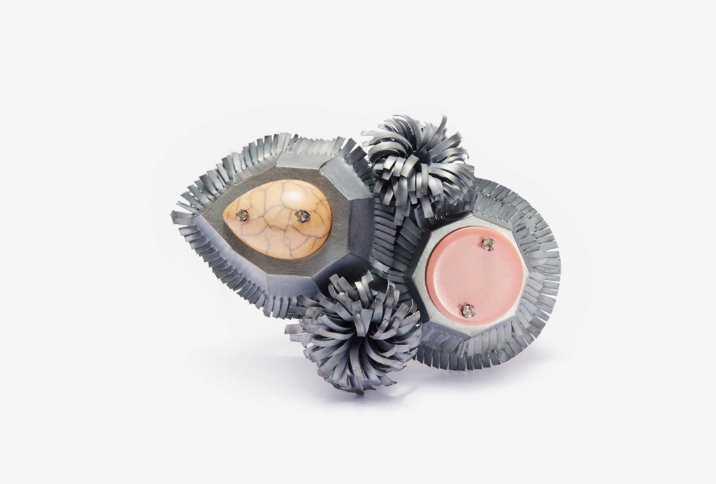 Helen Britton, brooch, 2014. Silver, plastic, diamonds.