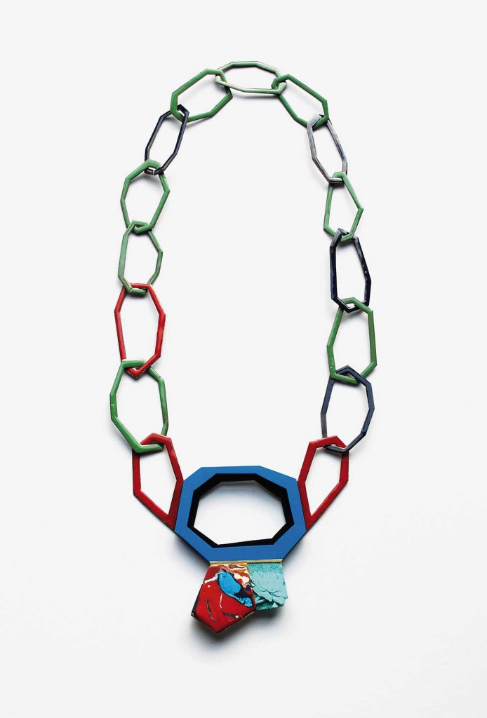 Danni Schwaag, necklace <em>Polygon</em> from the series <em>L’art pour l’art</em>, 2013. Enamel on copper, gold, silver, acrylic paint and other materials. Center piece 12 × 10 cm, length 60 cm.