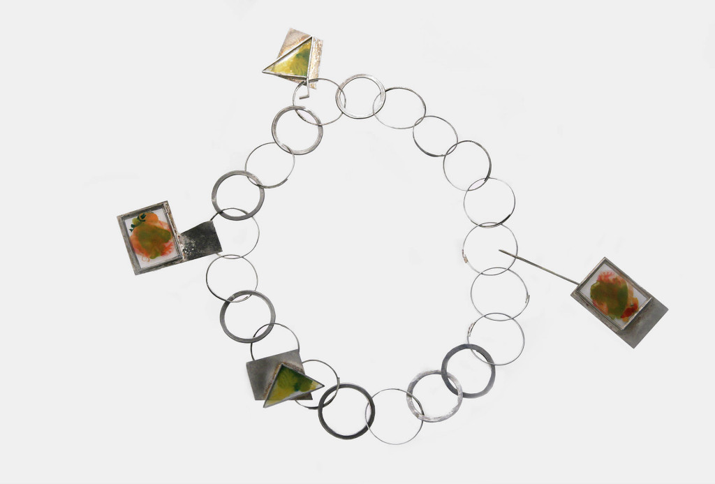 <em>Perfection–Imperfection</em> necklace. Silver, plexiglass, color glass