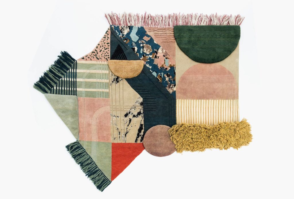 <em>Medley</em>. 100% hand-spun, Tibetan highland wool, hand-knotted, vegetable-dyed, free-form, 100 knots / per inch square, technique mix.