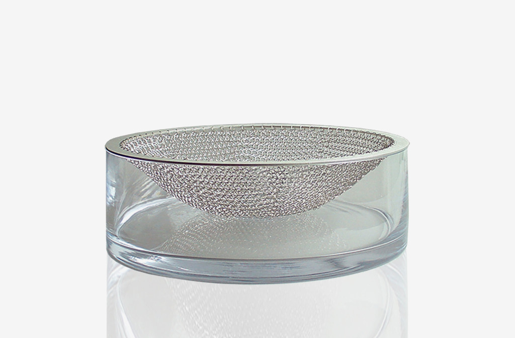 Schale <em>dishi_glas</em>. Edelstahlsieb, Kristallglas, Edelstahlmesh