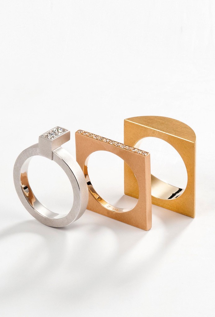 Ringe <em>Halbrund</em>. Gelb- und Weißgold 750, Diamanten