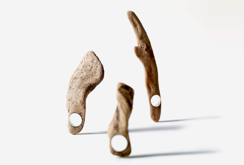 <em>FingerFinger1-3</em> ring. Driftwood, silver. Africa, Greece.