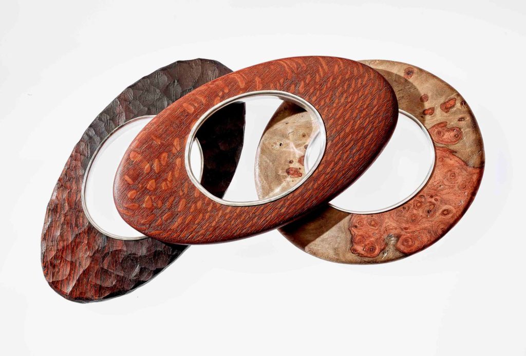 <em>Ellipses</em> bracelets, 2018. Different woods, silver. Photo Sebastian Ahlers.