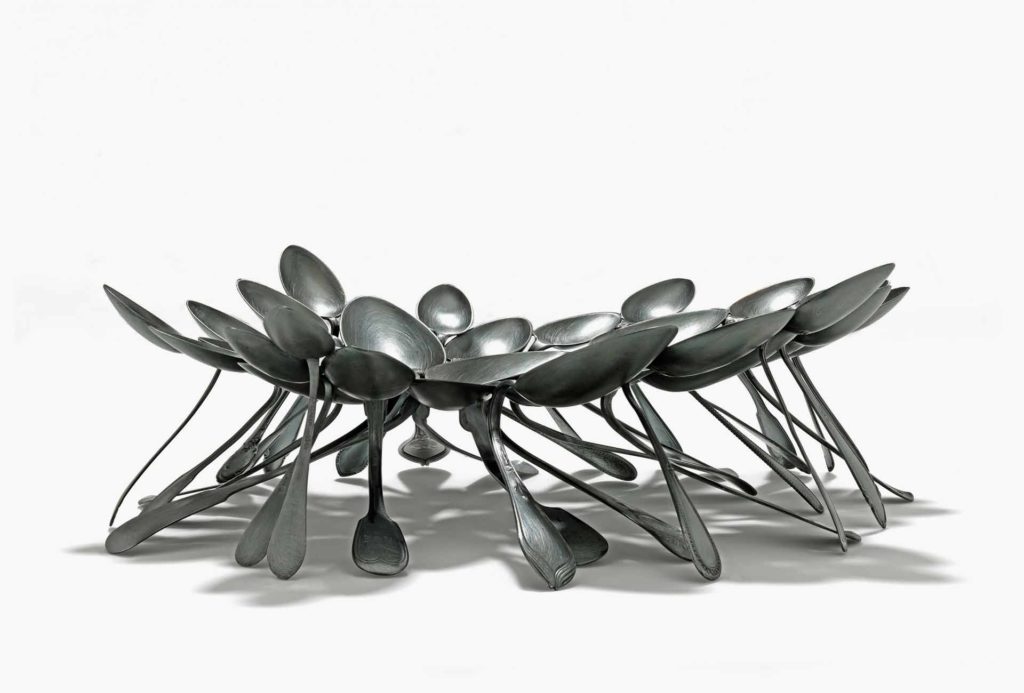 <em>Reunion Black</em>, 2015. Used silver spoon, silver 800, mounted, blackened, 37 x 30 x 12 cm. Photo Eva Jünger