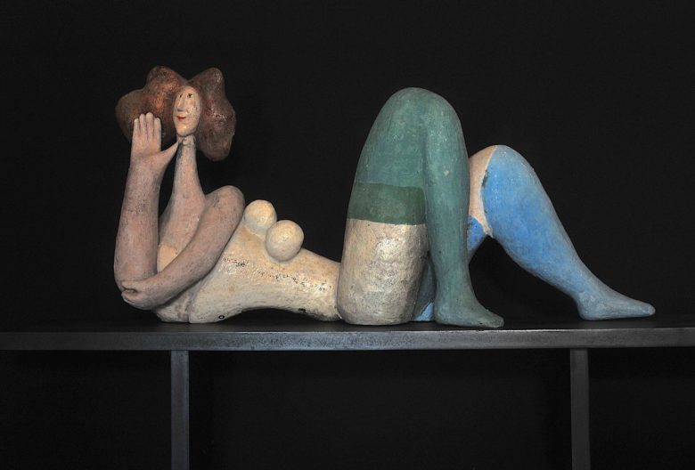 Ceramic sculpture  <em>Les bas bleu</em> by Jacotte et Roger Capron. Whimsical, fairy-tale female figures are a recurring theme. Photo Philippe Capron.