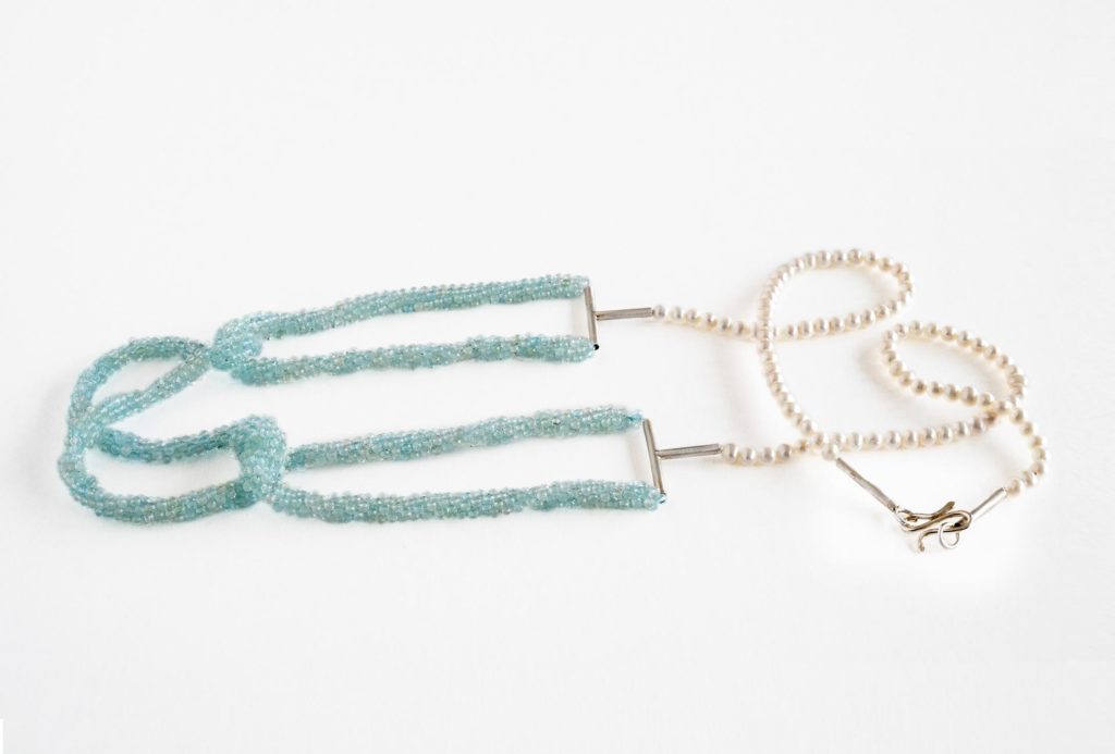 Necklace, 2021. Silver, freshwater pearls, aquamarine.