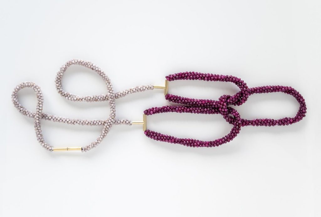 Necklace, 2021. Gold 585, rubies, kunzite.